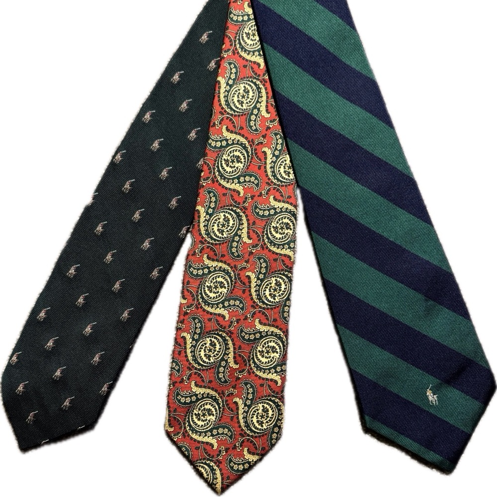 Ralph Lauren Green & Navy Stripe, Red Paisley & Dark Green Motif Ties